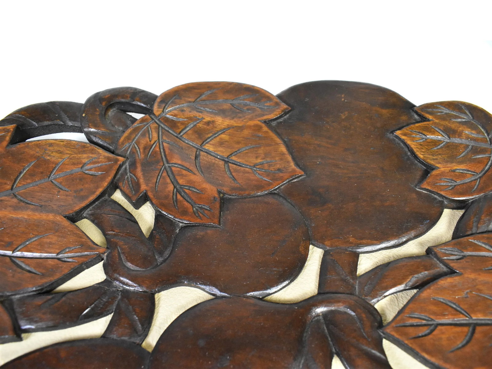 Hand Carved Solid Wood Leaves Fruit Design Tray Centerpiece - 7
