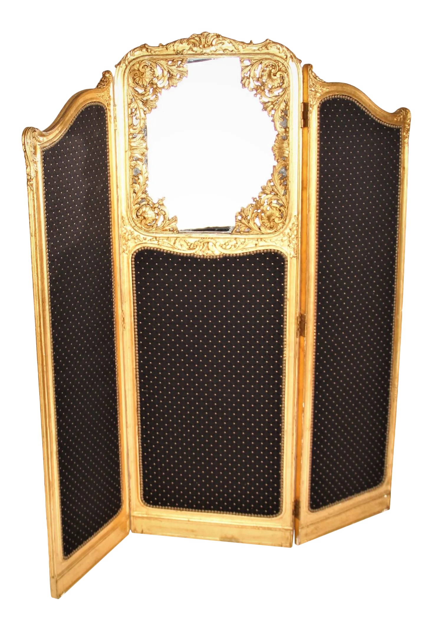 Late 19th Century French Louis XVI Style Three-Fold Gilt-Wood Floor Screen: A Louis Xvi Style Carved Giltwood And Tapestry Three Fold Floor Screen Late 19th Century Middle panel set with mirrored panel above a tapestry panel, on scroll feet. height of central panel 76in