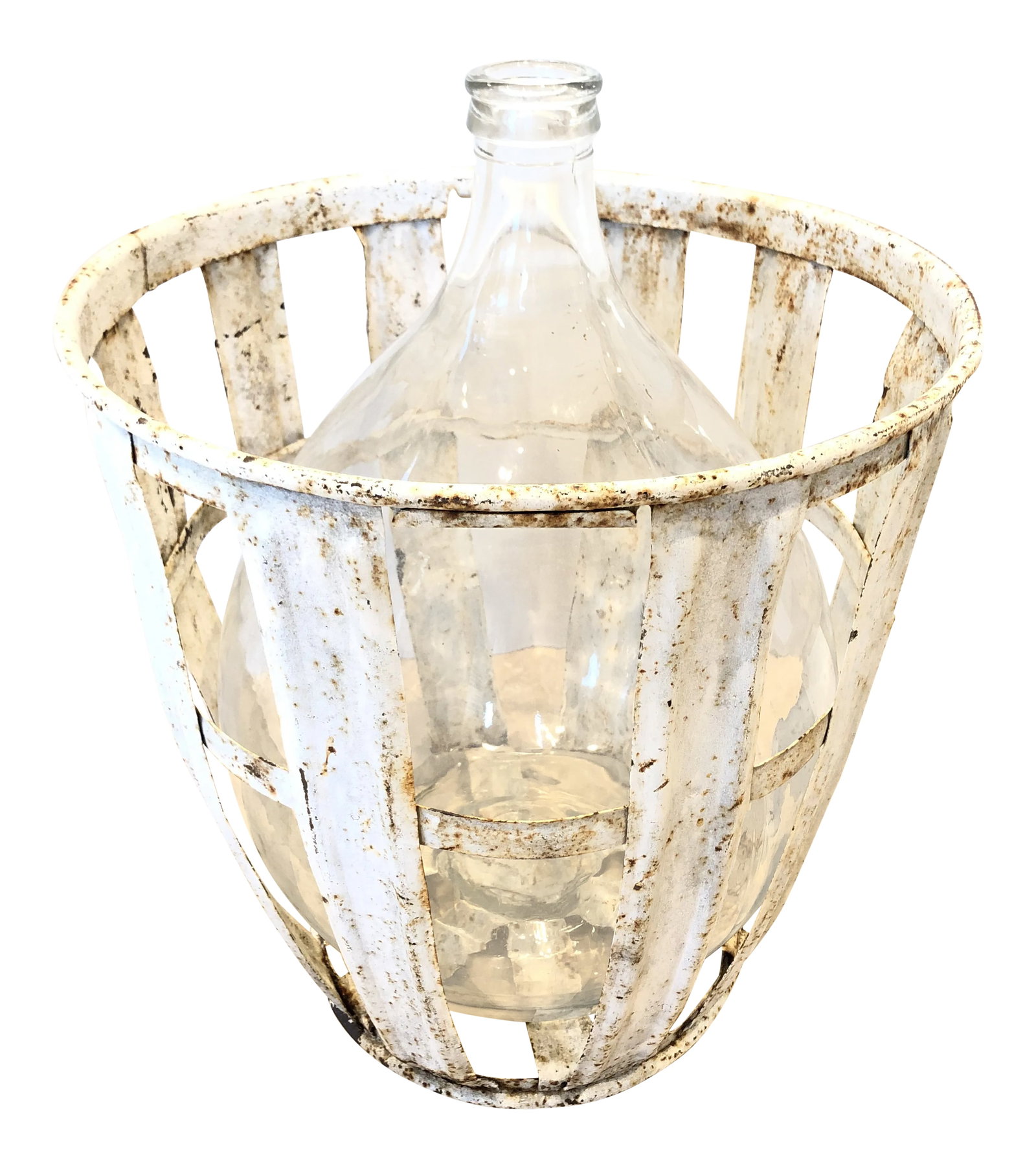 Ext. Large "Made in France" Demijohn Wine Bottle/Distressed White Iron Basket: Exceptional antique European oversize iron vintner's basket with exceptional time-worn character throughout. Includes original clear glass wine/vino bottle. Substantial in size and impact. Condition: