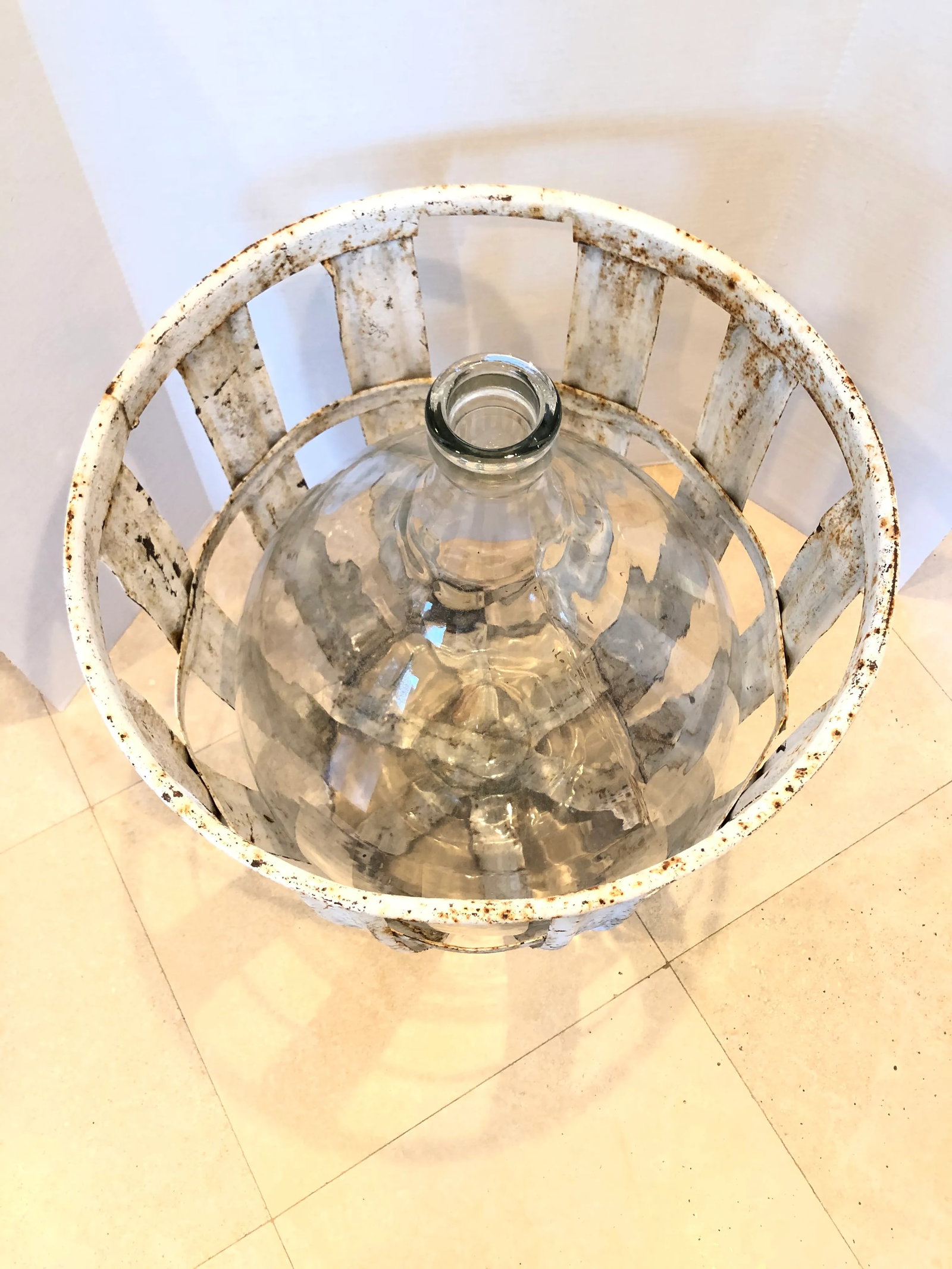 Ext. Large "Made in France" Demijohn Wine Bottle/Distressed White Iron Basket - 2