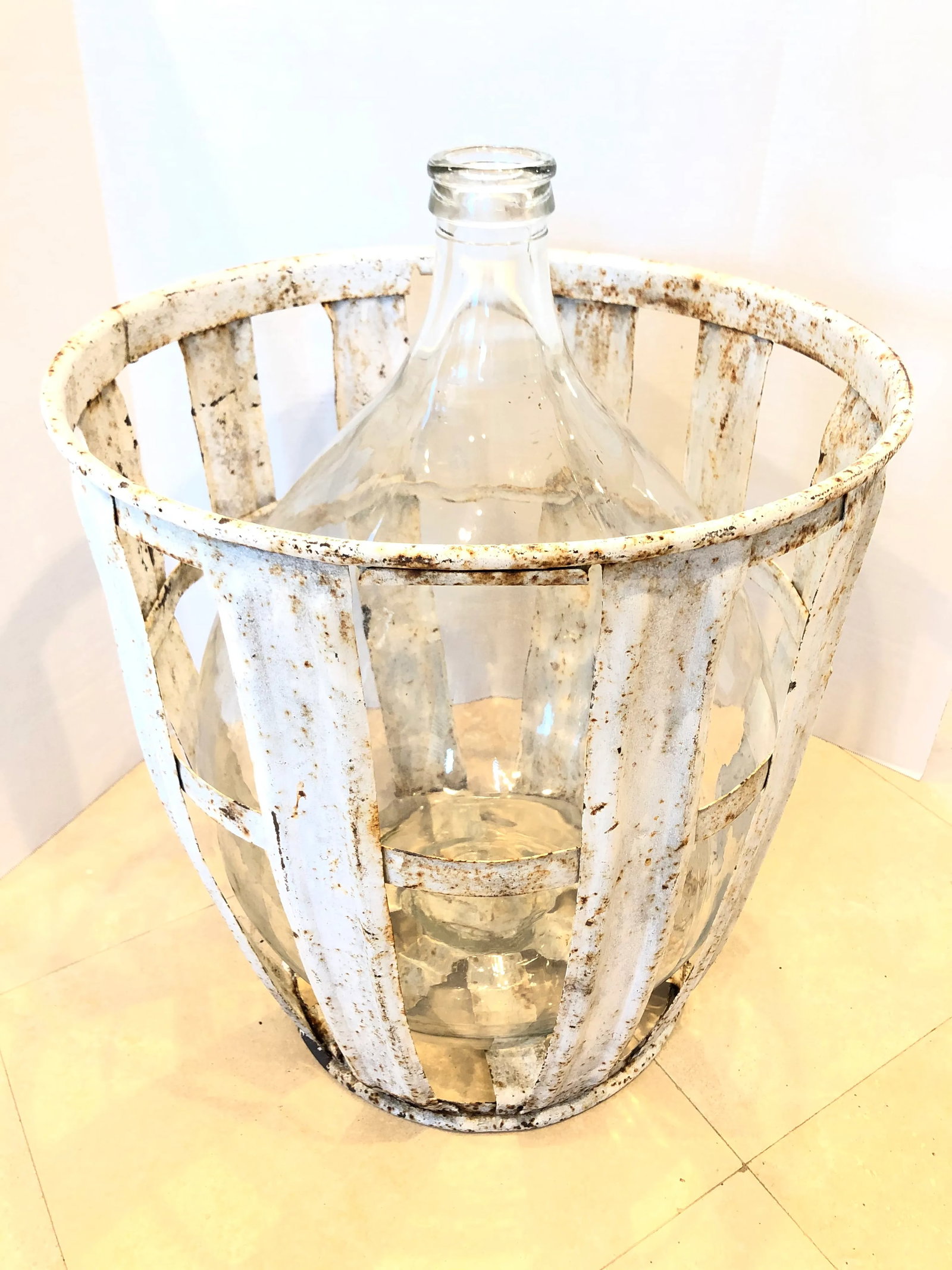 Ext. Large "Made in France" Demijohn Wine Bottle/Distressed White Iron Basket - 4