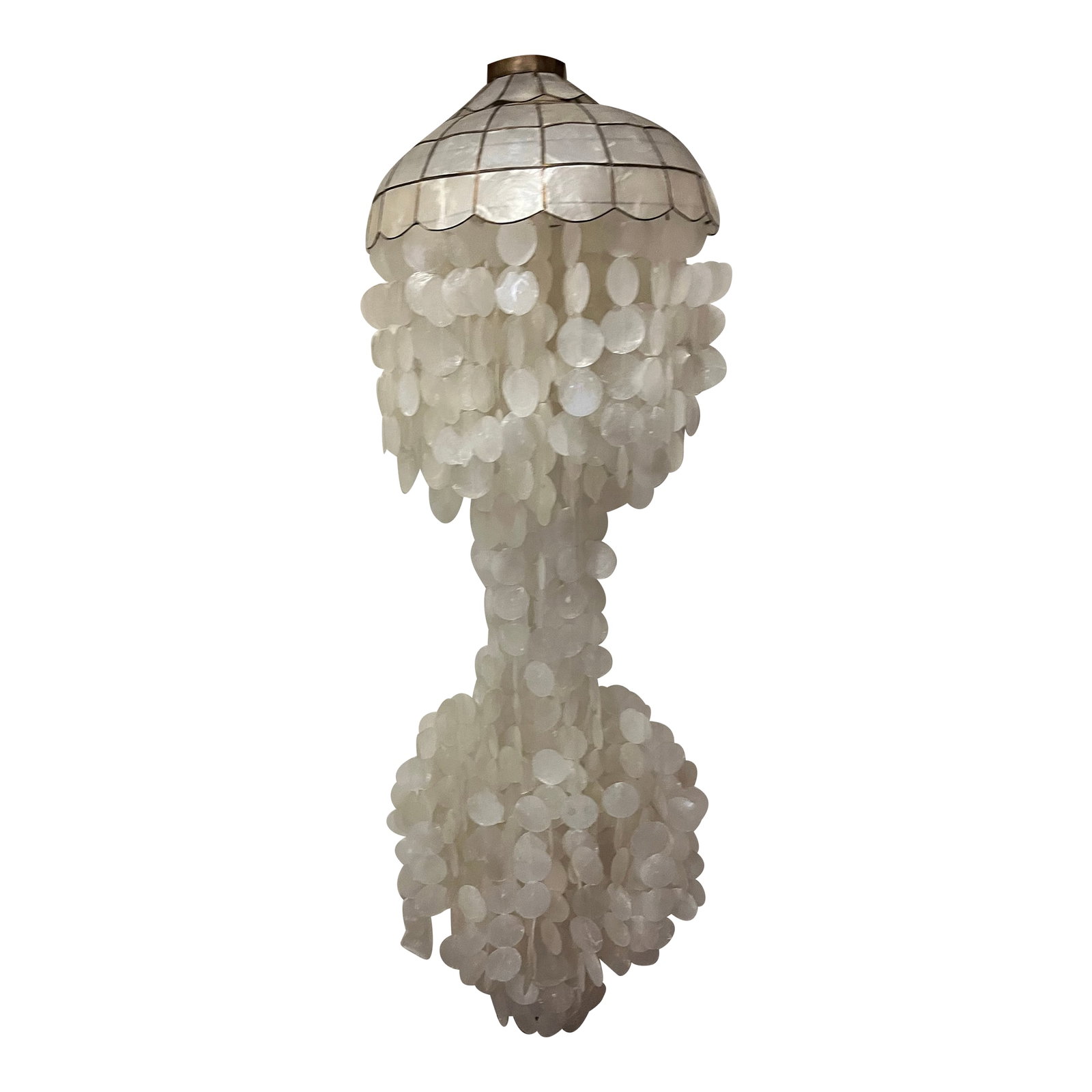 1960s Italian Verner Panton Style Mid-Century Multi-Tiered Capiz Chandelier: Beautiful large Verner Panton style capiz shell chandelier frame with capiz shell dome top. A light would hang through the center and light up 2 tiers of delicate capiz shells that dangle from the