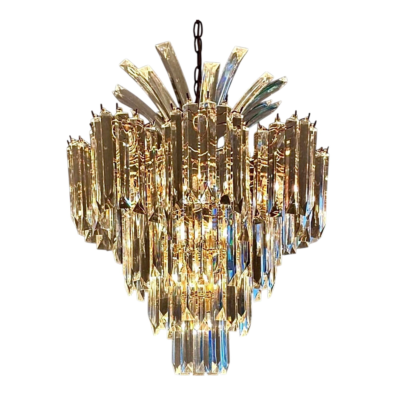 1960s Five-Tier Lucite Palm Chandelier: Elevate your space with this exceptional, monumental Hollywood Regency lucite pineapple palm chandelier. The five-tier, fourteen light, cascading brass frame has individual 8" suspended lucite prisms