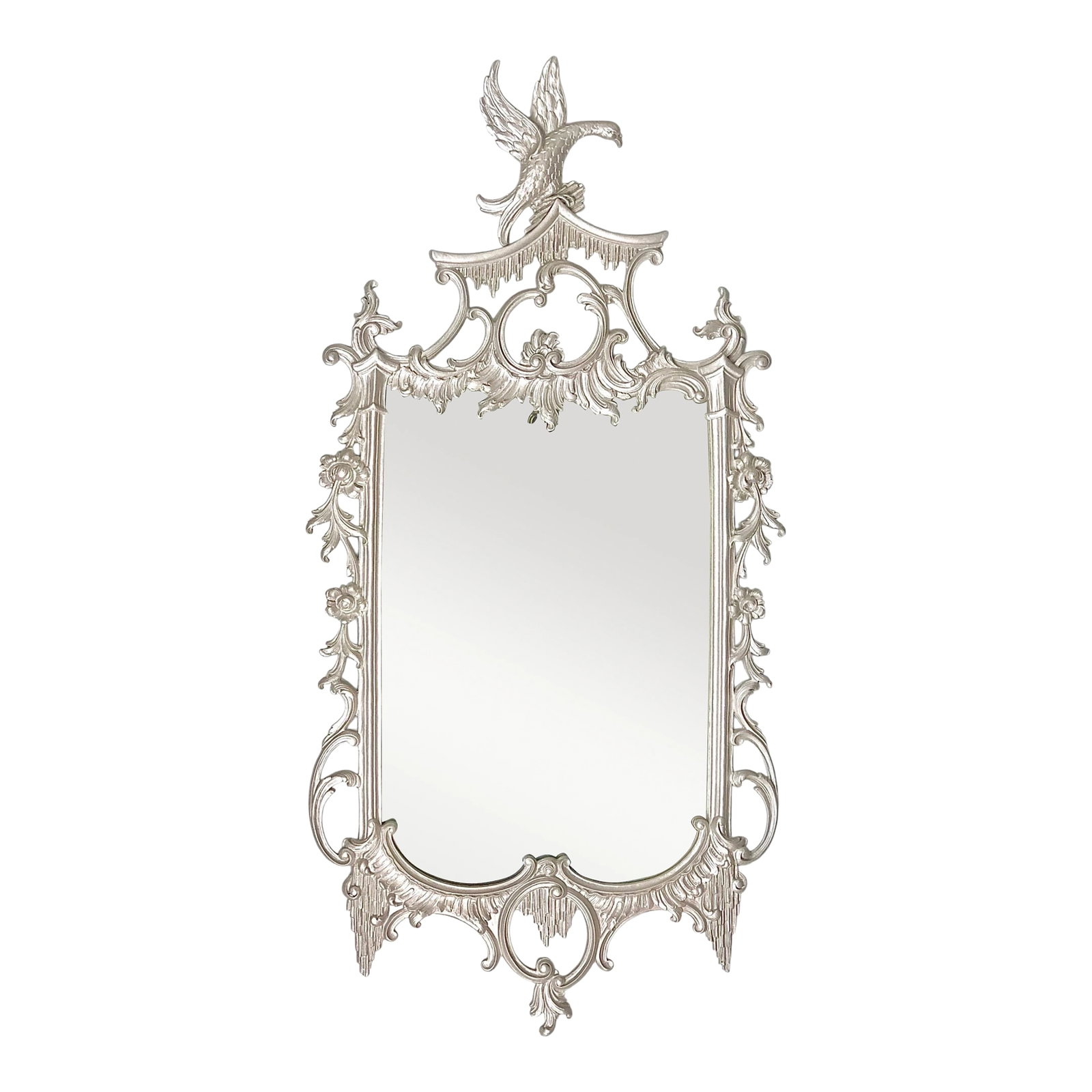 Chinese Chippendale Style Carved Mirror With Phoenix Crest: Stunning Chinese Chippendale style platinum painted giltwood mirror features a very decorative design. This mirror bears many characteristics of Thomas Chippendale designs which include acanthus
