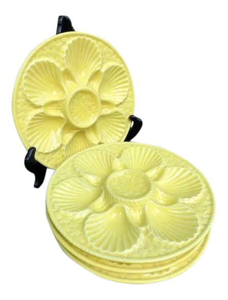 Vintage Longchamp Yellow Majolica Oyster Plates - Set of 3: Set of (3) Longchamp oyster plates in a beautiful yellow majolica. Condition: Alterations: Original Condition Unaltered Imperfections: Some Imperfections Condition Notes: These pieces are in good