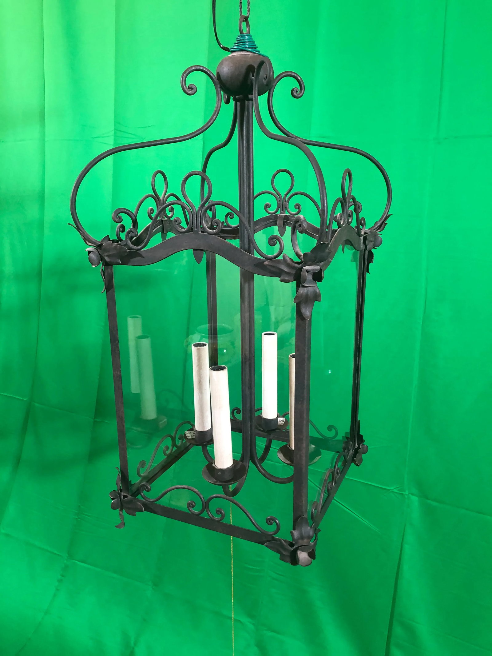 Vintage Italian Square Four Light Wrought Iron Lantern in Rustic Finish - 11