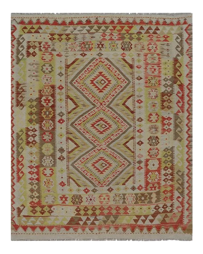 Traditional Handwoven Turkish Kilim Area Rug 5'1" X 6'1": This fun rug is a beautiful traditional handwoven Turkish Kilim area rug featuring a tile and geometric shape motif in a multi-colored design. The lightweight construction makes this rug an excellent