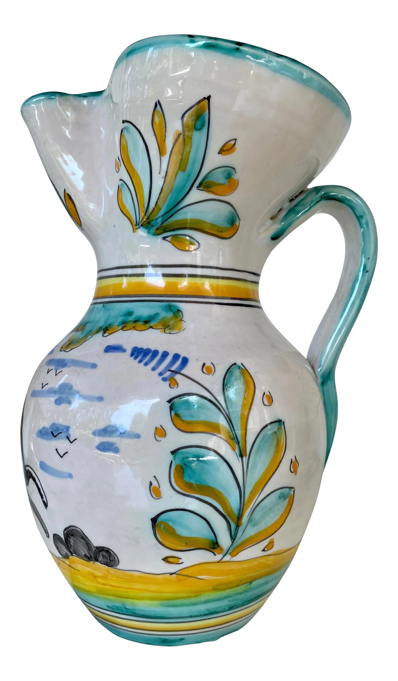 19th Century Earthenware Talavera Glazed Hand Painted Pitcher: A rare Spanish Talavera glazed earthenware pitcher with vibrant, colorful floral design depicting a leaping dog. Talavera de la Reina pottery is a craft made in Talavera de la Reina, Toledo (Spain). D