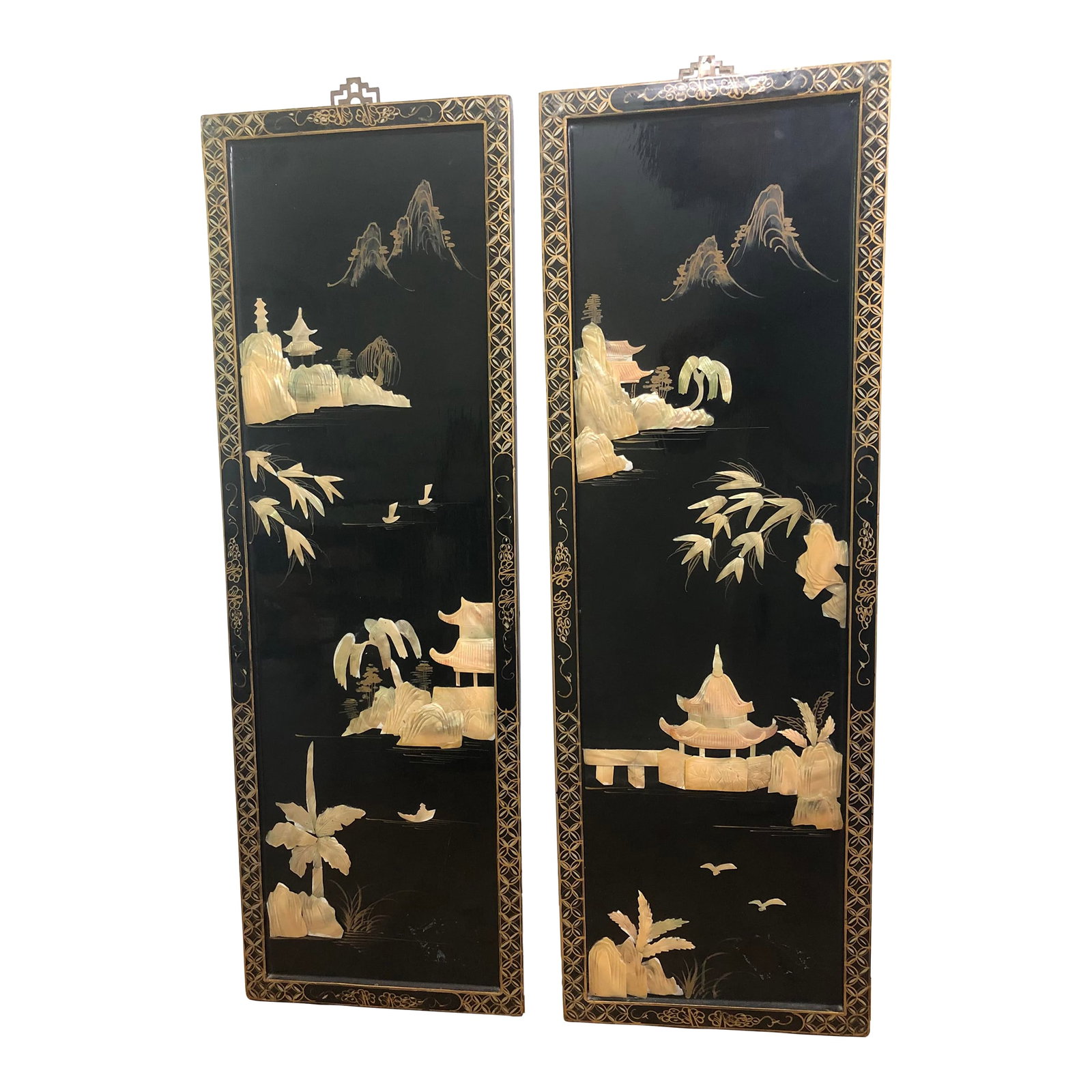 Vintage Chinoiserie Mother of Pearl Wall Panels- a Pair: This is a fabulous pair of Vintage Chinoiserie Mother of Pearl Wall Panel from China that would make a beautiful Asian statement on your interior - whether hung directly in the wall or converted into