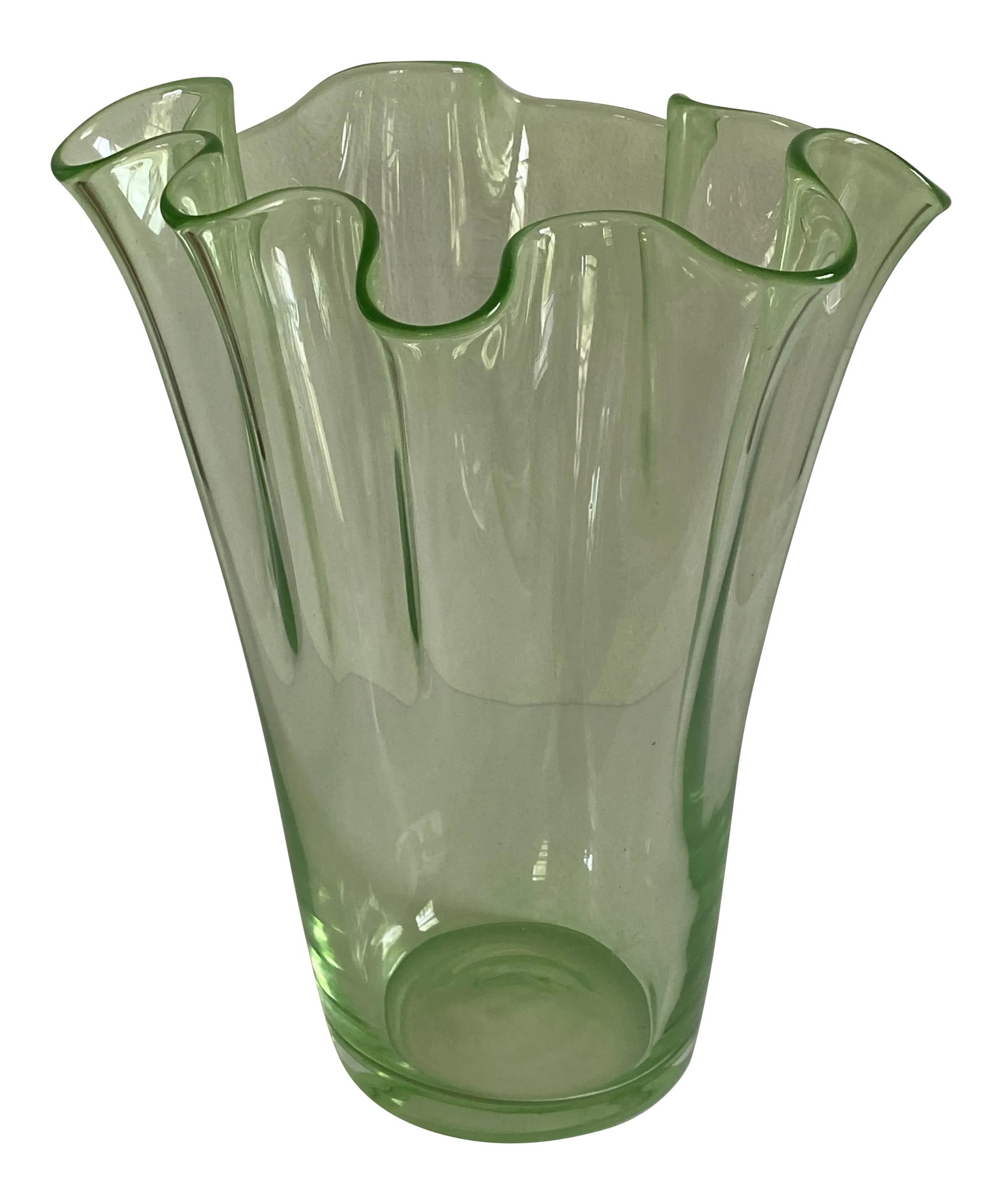 Mid-Century Italian Fazzoletto Green Murano Glass Vase: A substantially-sized fazzoletto vase in a handblown pale bottle green Murano glass. Condition: Alterations: Original Condition Unaltered Imperfections: Some Imperfections Condition Notes: a few tiny