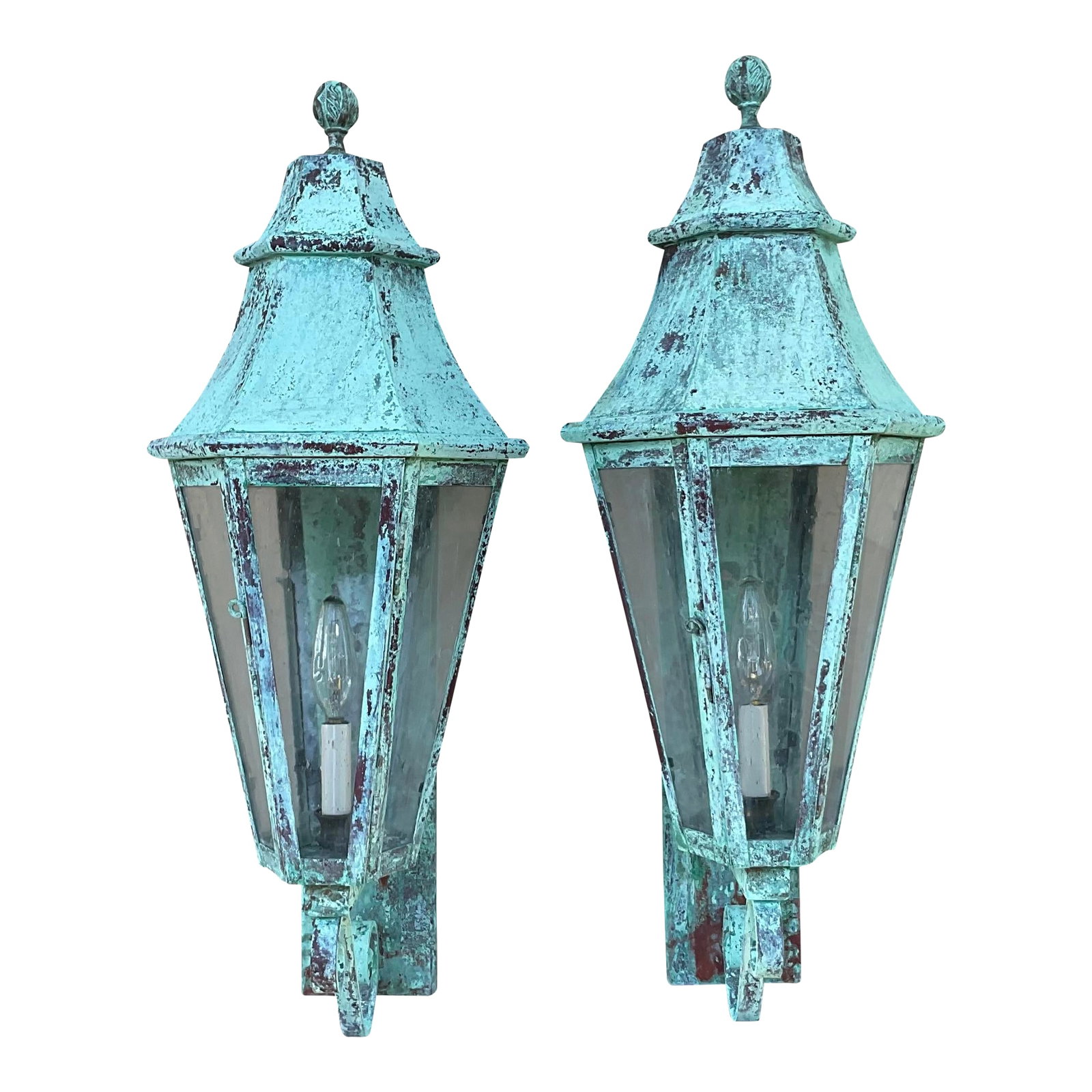 Pair of Large Solid Copper Architectural Wall Lantern: Elevate the curb appeal of your home or add a touch of timeless elegance to your outdoor spaces with this magnificent pair of large, solid copper architectural wall lanterns. These substantial fixture