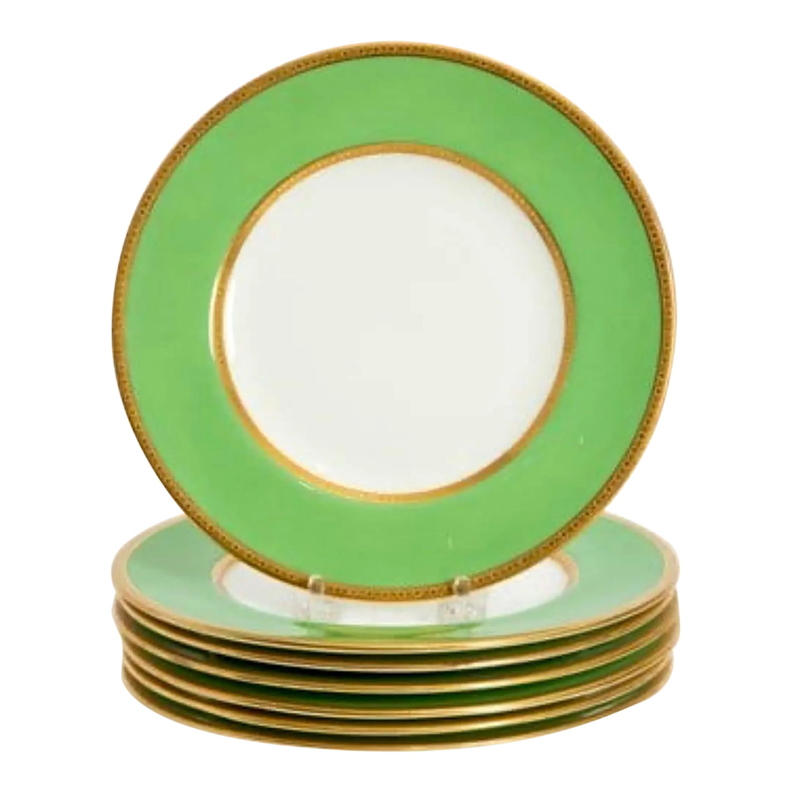 Early 20th Century English Coalport Dessert Plates, Set of 7: Stunning set of 7 Antique English Coalport Dessert Plates in Apple Green with Gold Trim from the Edwardian Period. Condition: Alterations: Original Condition Unaltered Imperfections: Some