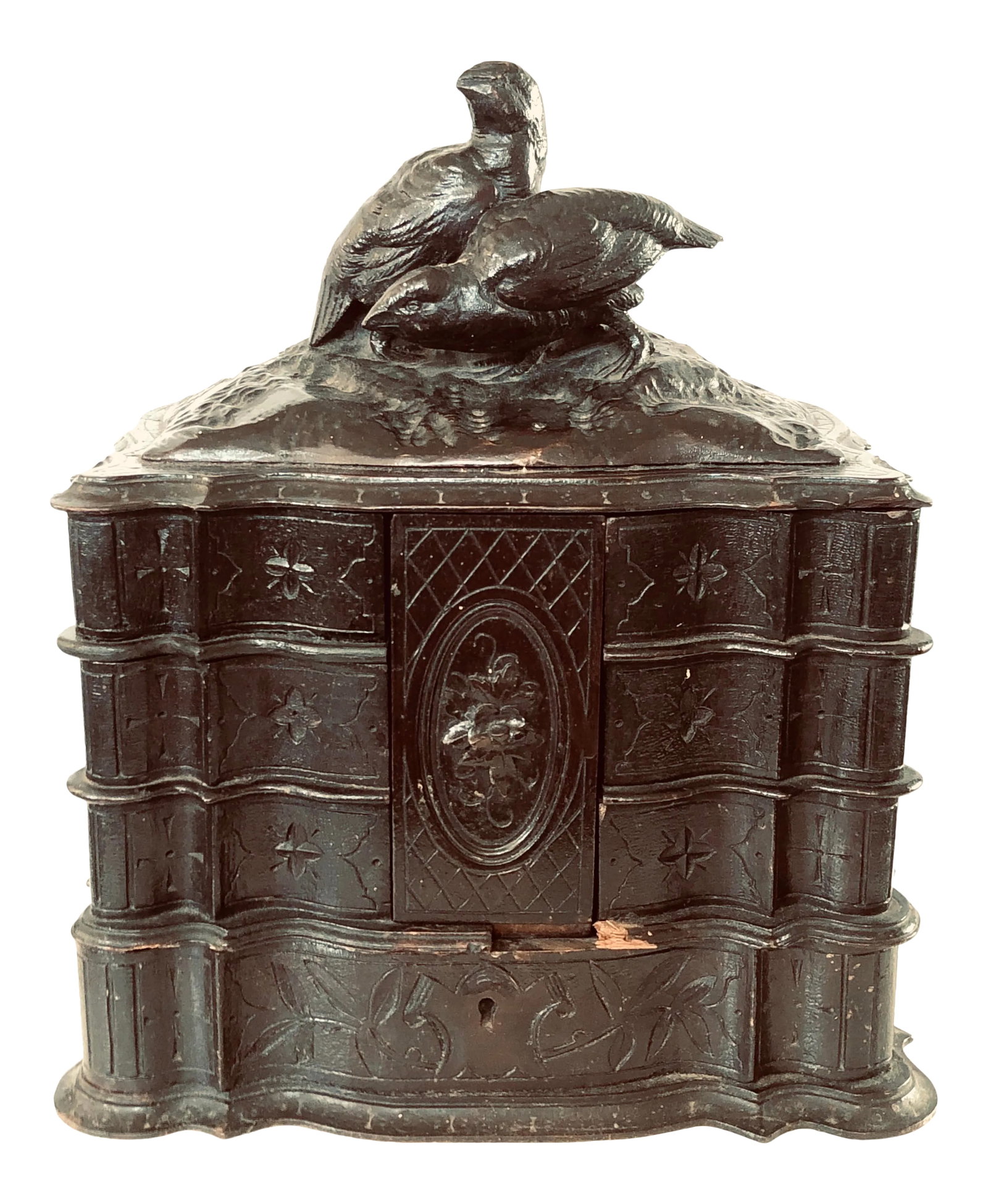 Late 19th Century Black Forest Jewelry Box: Deeply carved Black Forest box opens to allow six drawers to swing open, three on each side, and a large bottom cavity to hold all your most precious jewels. Each drawer is lined with navy blue
