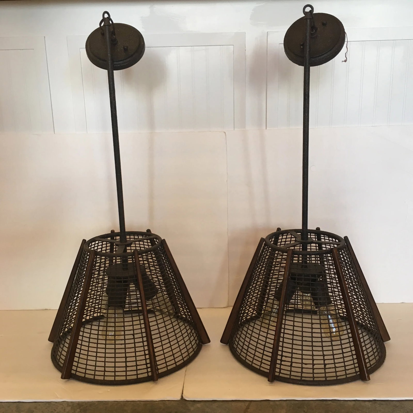 Metal Industrial Hanging Light Fixtures - a Pair - 11
