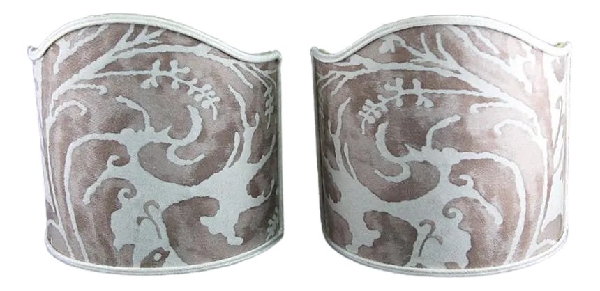 Pair of Fortuny Wall Sconce Lamps Shades: These exquisite clip lamp shades were handcrafted in Italy for my interior design business. Made by a skilled artisan whose husband was one of the upholsterers for Fortuny, these shades are a