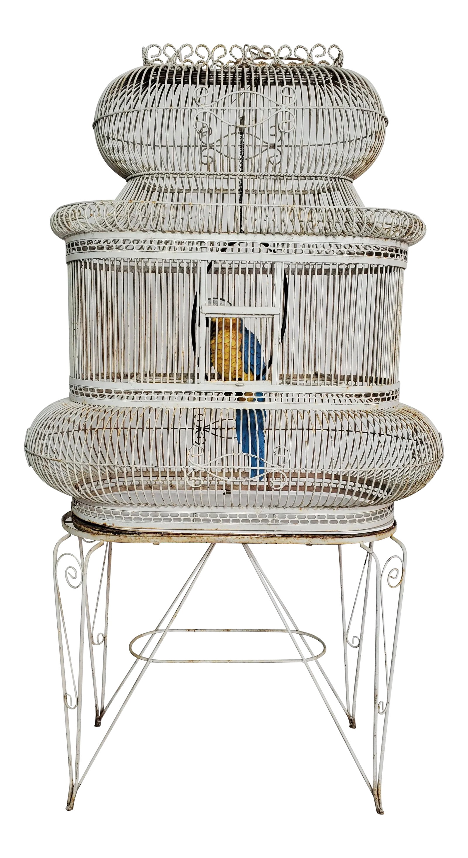 French Painted Wrought Iron Bird Cage on Stand: Vintage Victorian Antique Birdcage France, Late 19th Century Materials: Wrought Iron, Paint Style: distressed. Victorian Fabulous French balloon birdcage on stand. Handmade from wrought iron and finis