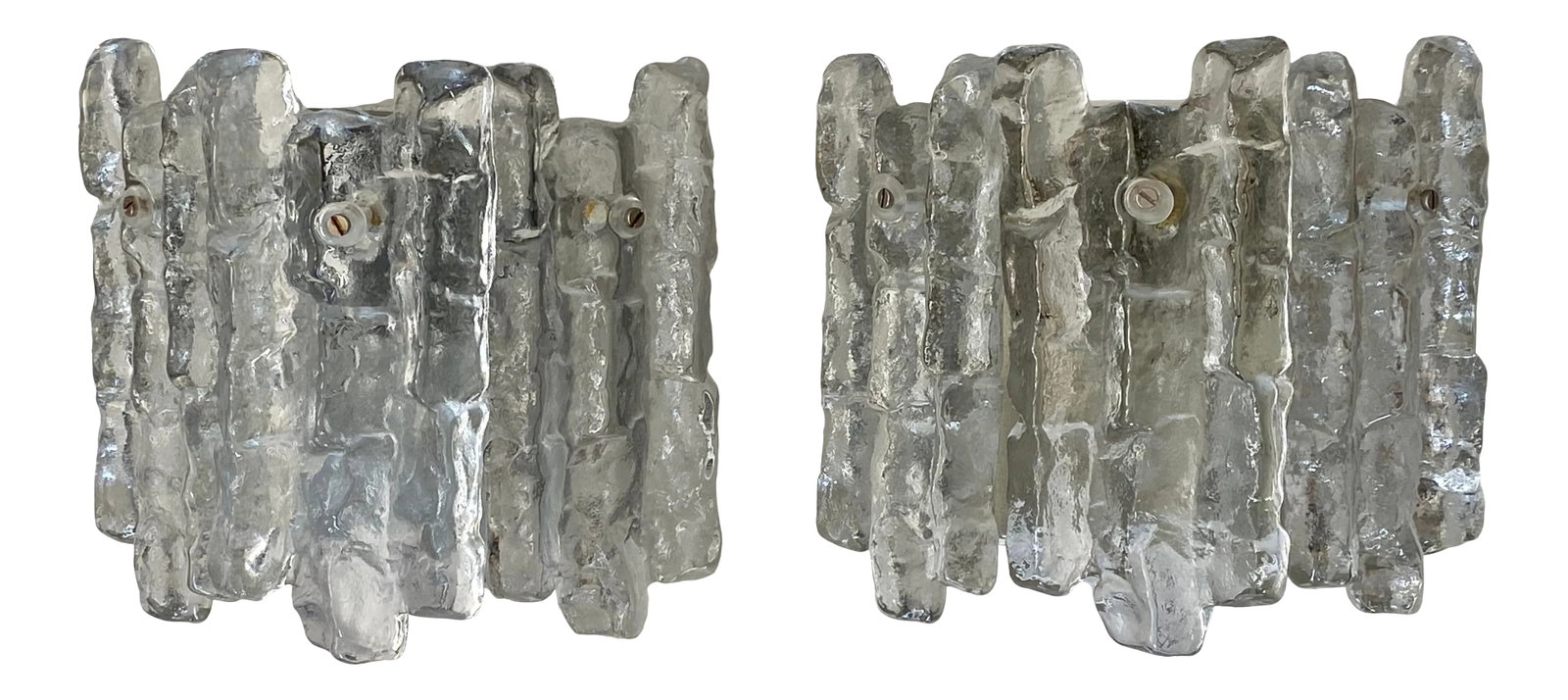 1960's Ice Glass Sconces by J. T. Kalmar - a Pair: 1960's Ice glass and metal sconces by J. T. Kalmar Made in Austria. Condition: Alterations: Original Condition Unaltered Imperfections: Some Imperfections Condition Notes: The glass blocks are in exce