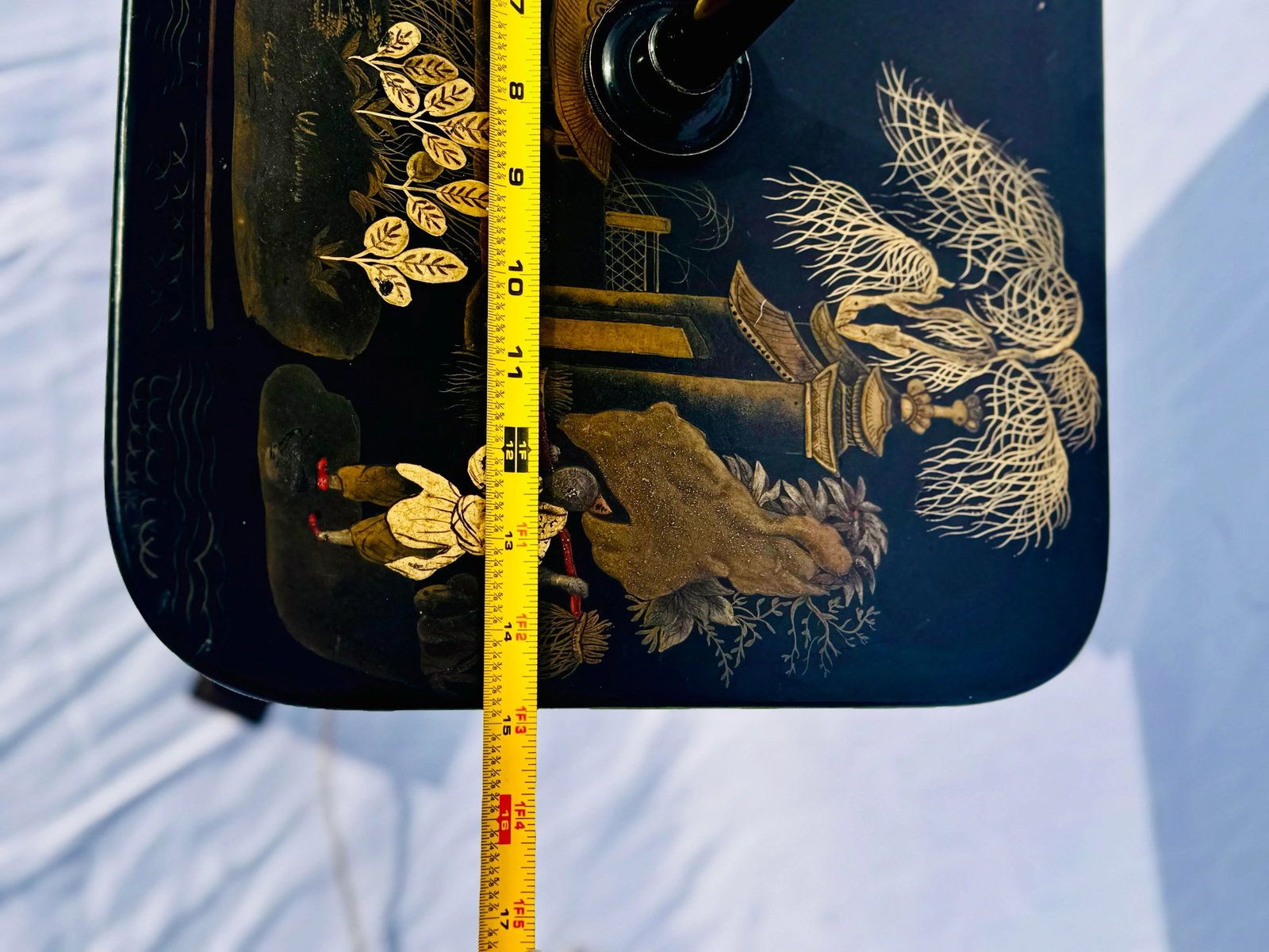 Vintage Chinoiserie Floor Lamp With Painted Tabletop - Elegant Black & Gold Accent - 10