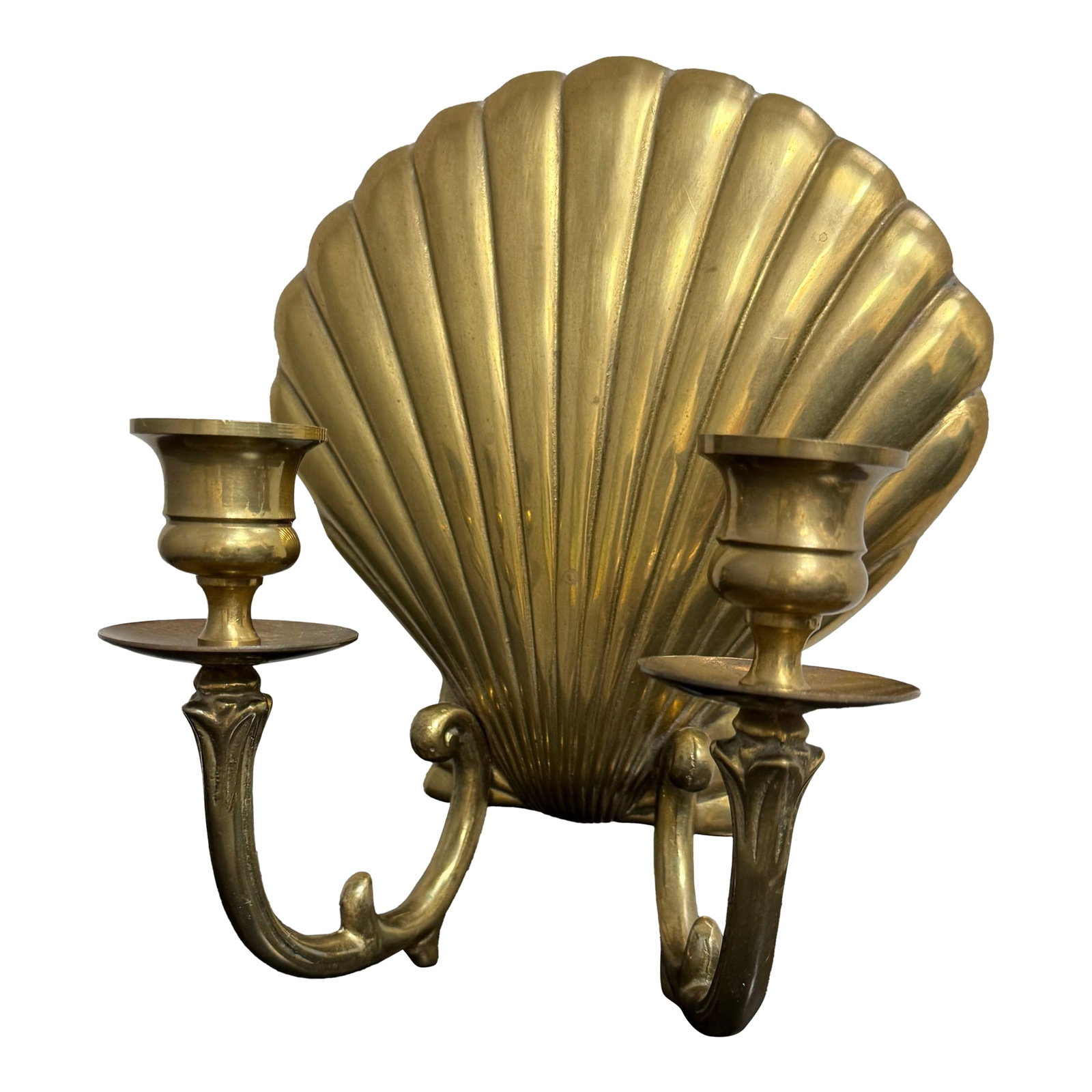 Mid-Century Hollywood Regency Brass Scallop Shell Double Candle Holder Wall Sconce (1 of 12)
