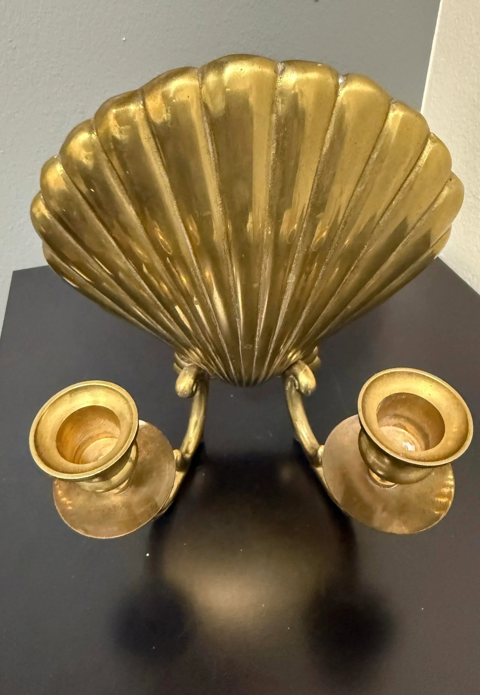Mid-Century Hollywood Regency Brass Scallop Shell Double Candle Holder Wall Sconce - 3