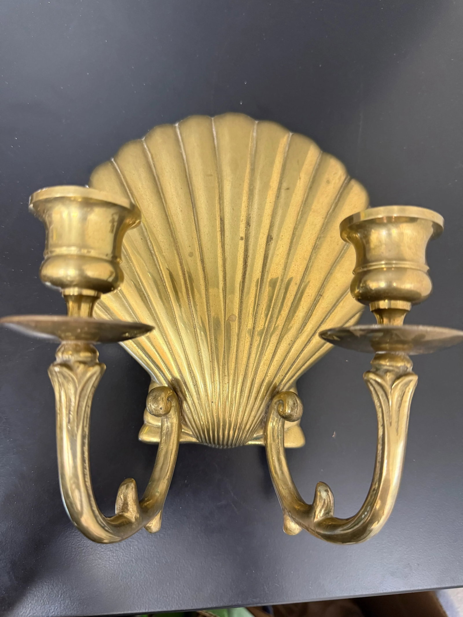 Mid-Century Hollywood Regency Brass Scallop Shell Double Candle Holder Wall Sconce - 5