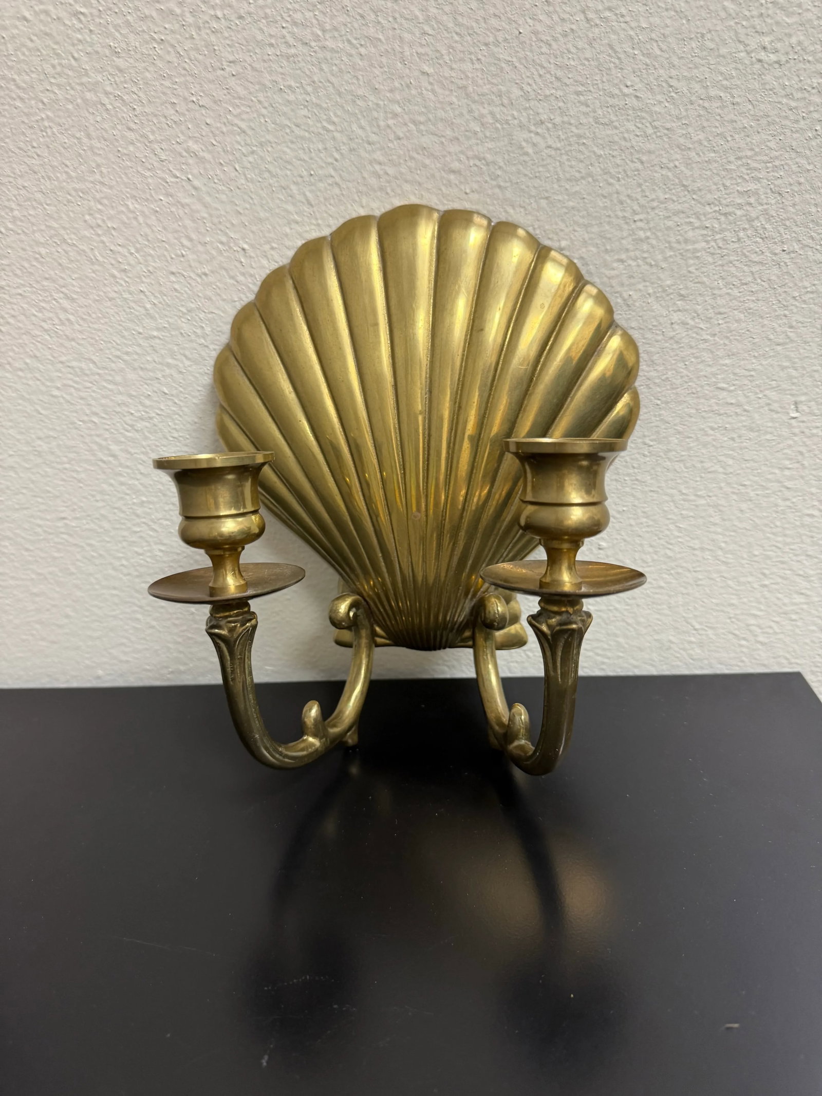 Mid-Century Hollywood Regency Brass Scallop Shell Double Candle Holder Wall Sconce - 9