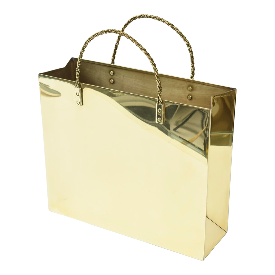Vintage Brass Shopping Bag Sculpture or Magazine Holder With Braided Handles 70's: This vintage shopping bag sculpture and or magazine holder has braided handles. It is from the 70's. It was just polished professionally to the tune of a big expense as it was black from tarnish for
