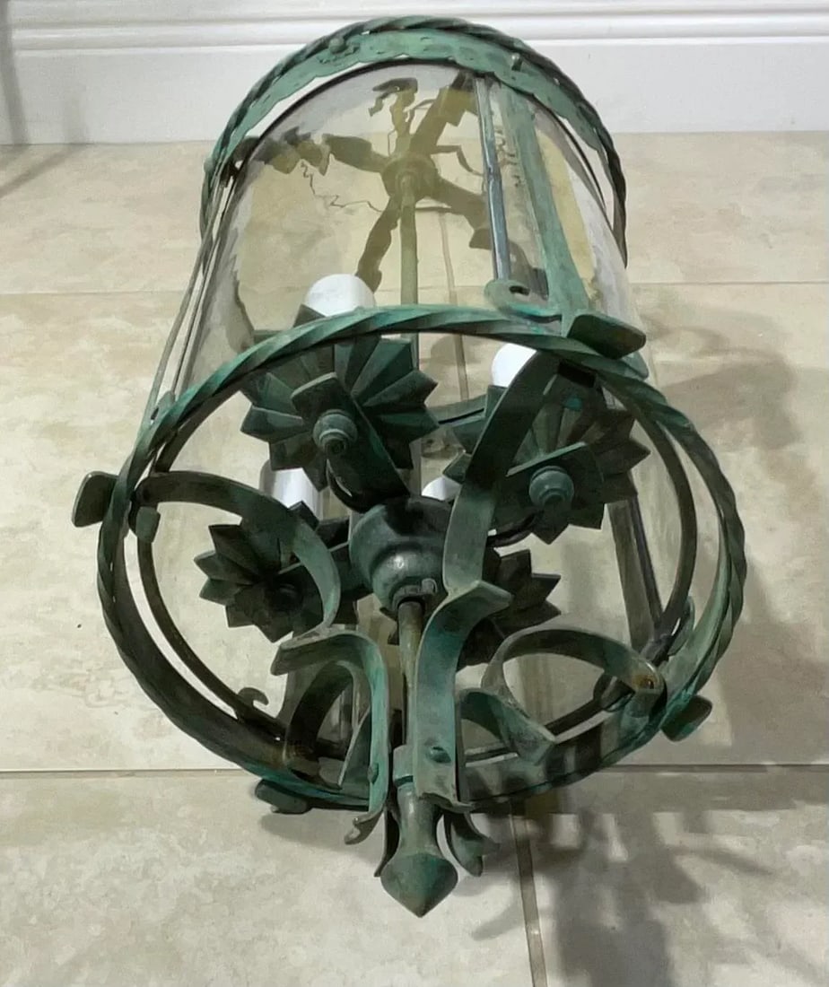 Antique Bronze & Brass Hanging Lantern - Meisner Era / Arts & Crafts Style - 16