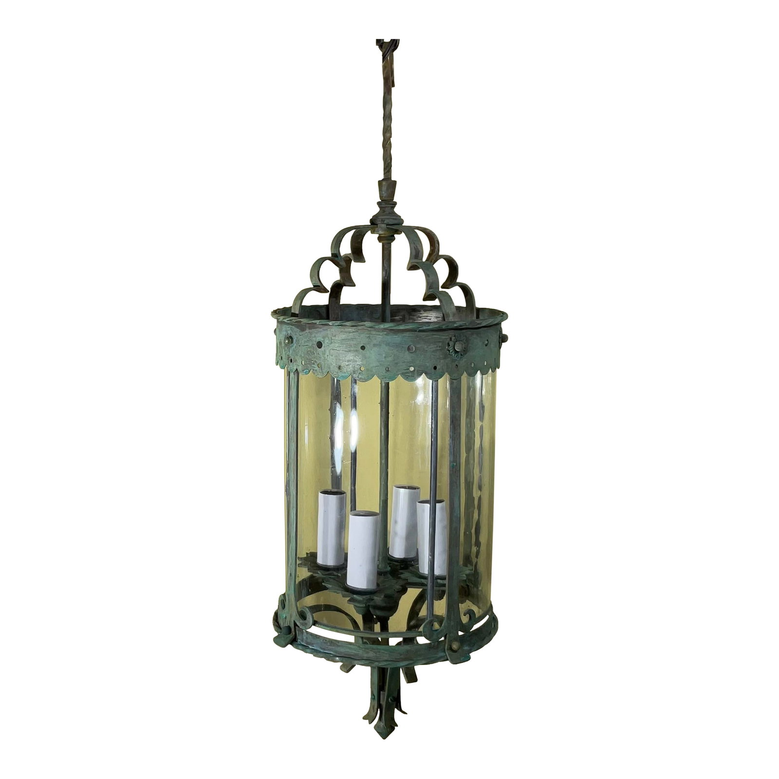 Antique Bronze & Brass Hanging Lantern - Meisner Era / Arts & Crafts Style: Bring a touch of timeless elegance and historical charm to your home with this antique hanging lantern. Crafted from solid bronze and brass, this piece showcases a beautiful verdigris patina, hinting 