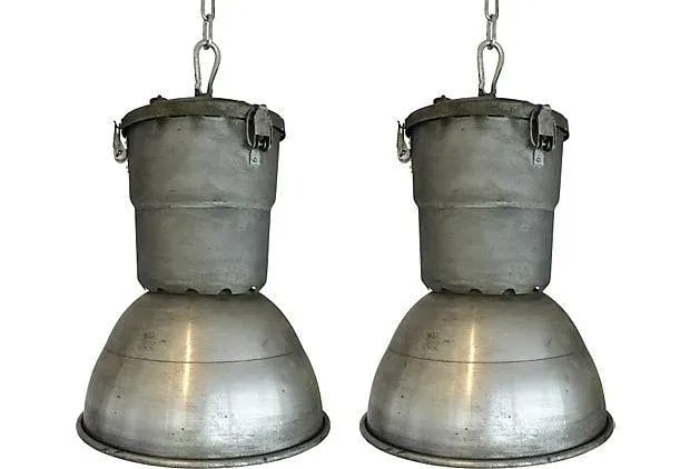Antique Industrial Repurposed Smudge Pot Pendant Lamps, a Pair: Fantastic pair of antique metal smudge pots converted to pendant lights. Smudge pots are oil burning lamps or devices used to prevent frost from forming on fruit and citrus trees and is typically plac