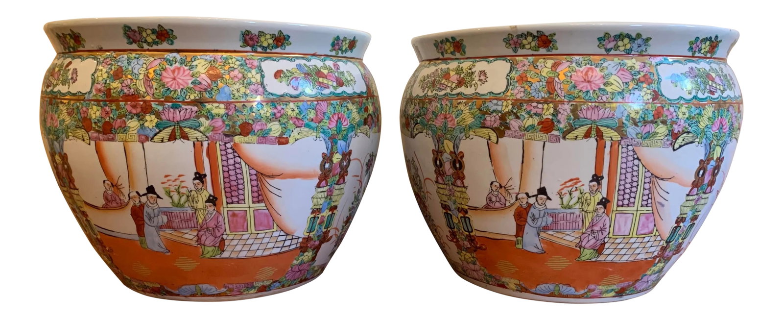 1970s Vintage Ceramic Chinese Fish Fish Bowls - Set of 2: A pair of 1970s Vintage Ceramic Chinese Fish Bowl presenting brightly colored Asian Court scene with floral patterns on either side and rose medallion motif surrounding the top opening. Purchased from