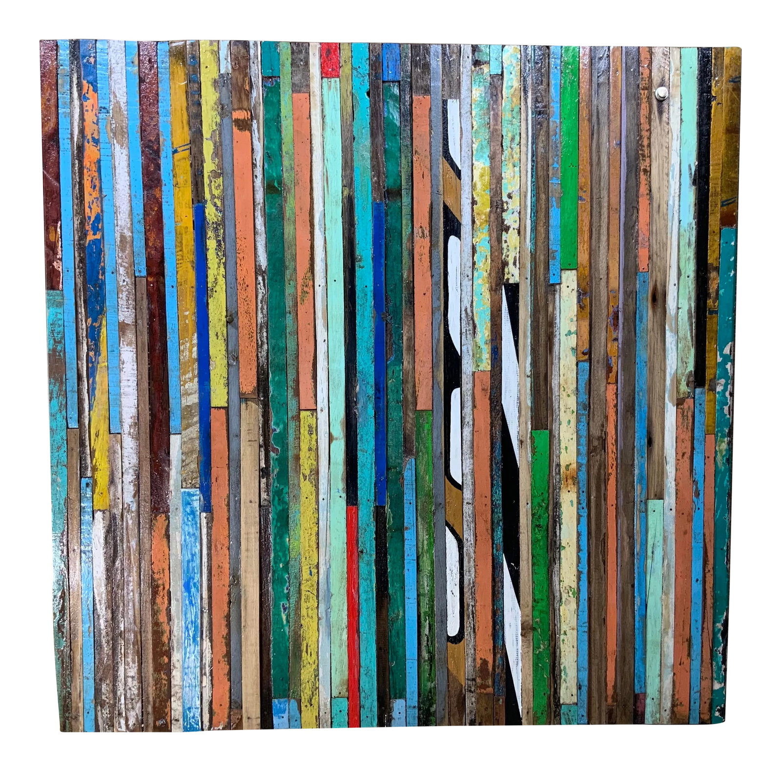 Abstract Reclaimed Wood Wall Sculpture: Exceptional wall hanging wood sculpture made of multi-colors reclaimed wood strips cuts, to put together beautiful Mosaic of colors By unknown artist. Could be use horizontal or vertical. Condition: