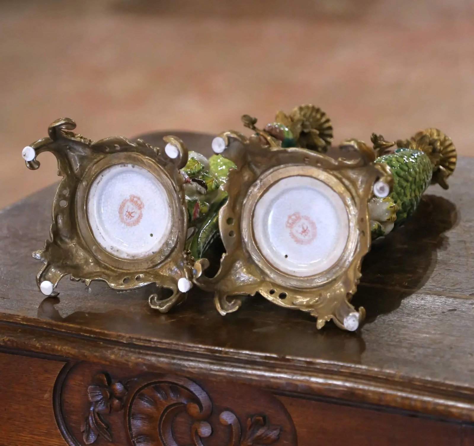 Mid-Century Chinese Export Porcelain Parrot Candlesticks on Gilt Bronze Bases - a Pair - 10