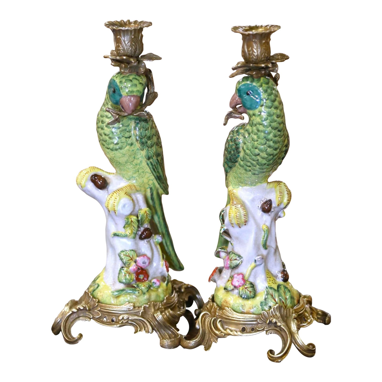 Mid-Century Chinese Export Porcelain Parrot Candlesticks on Gilt Bronze Bases - a Pair (1 of 11)