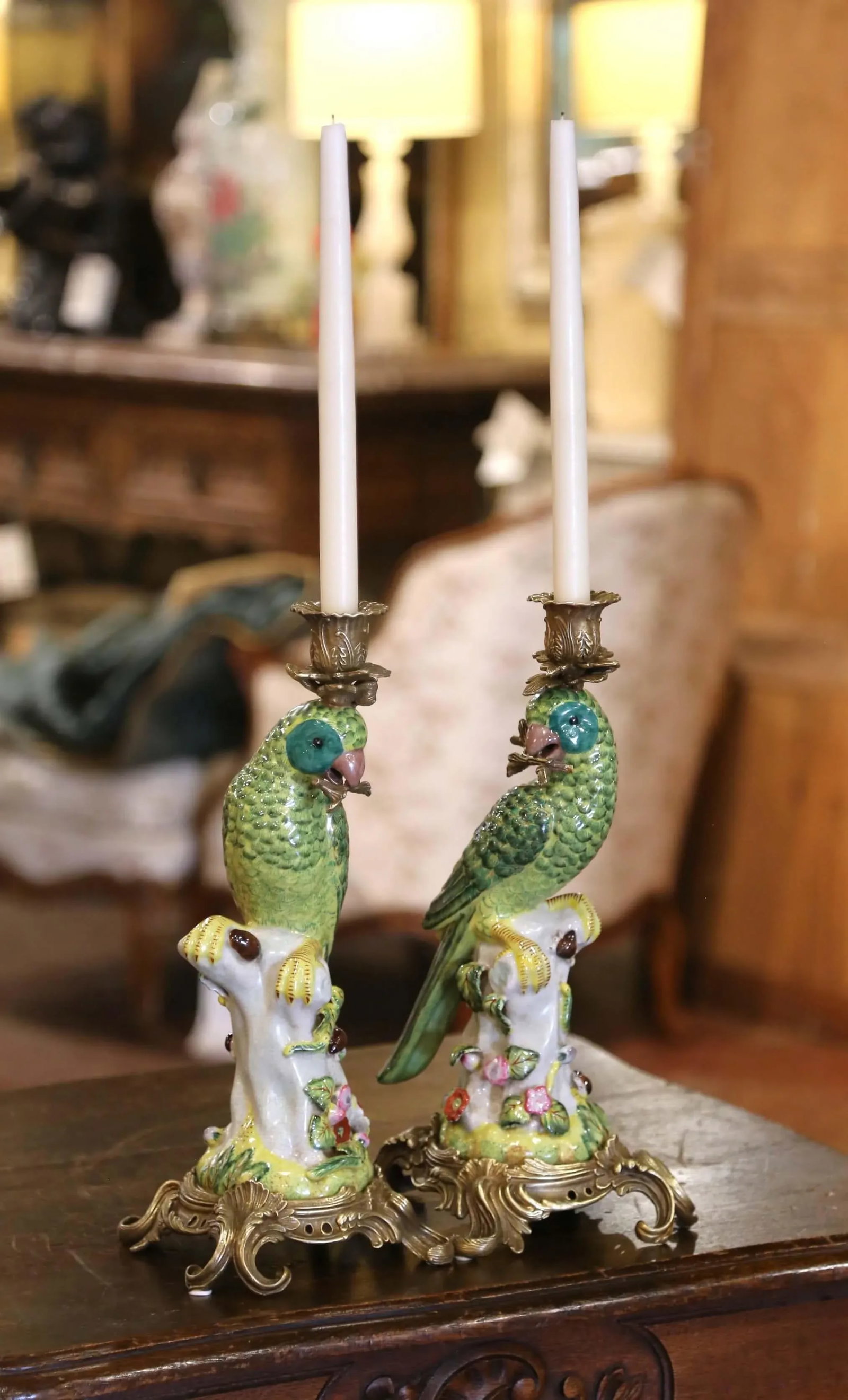 Mid-Century Chinese Export Porcelain Parrot Candlesticks on Gilt Bronze Bases - a Pair - 2