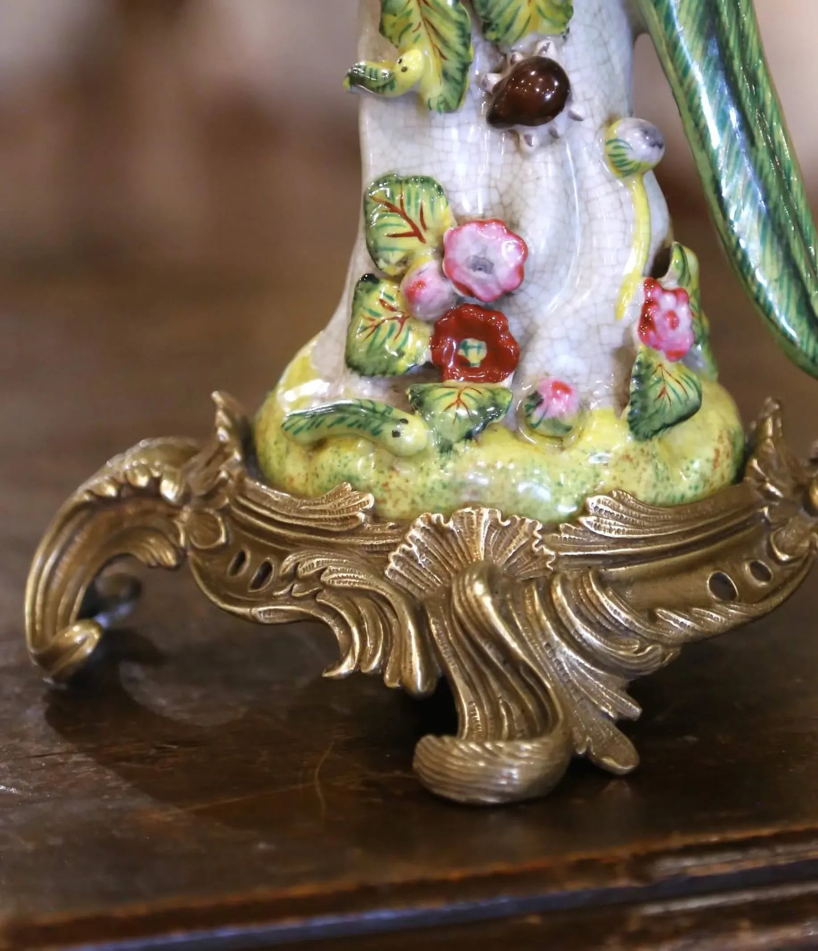 Mid-Century Chinese Export Porcelain Parrot Candlesticks on Gilt Bronze Bases - a Pair - 3