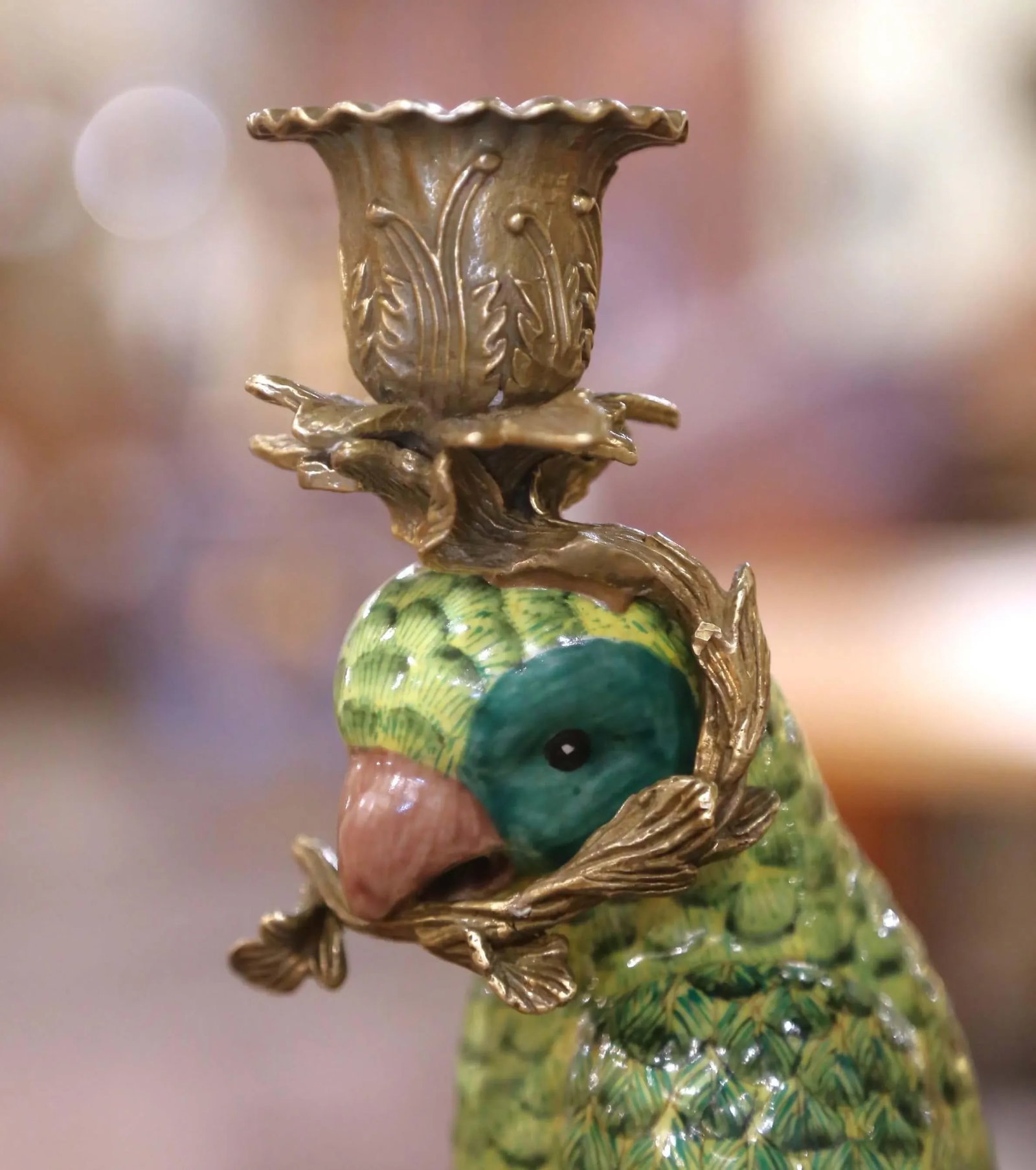 Mid-Century Chinese Export Porcelain Parrot Candlesticks on Gilt Bronze Bases - a Pair - 4
