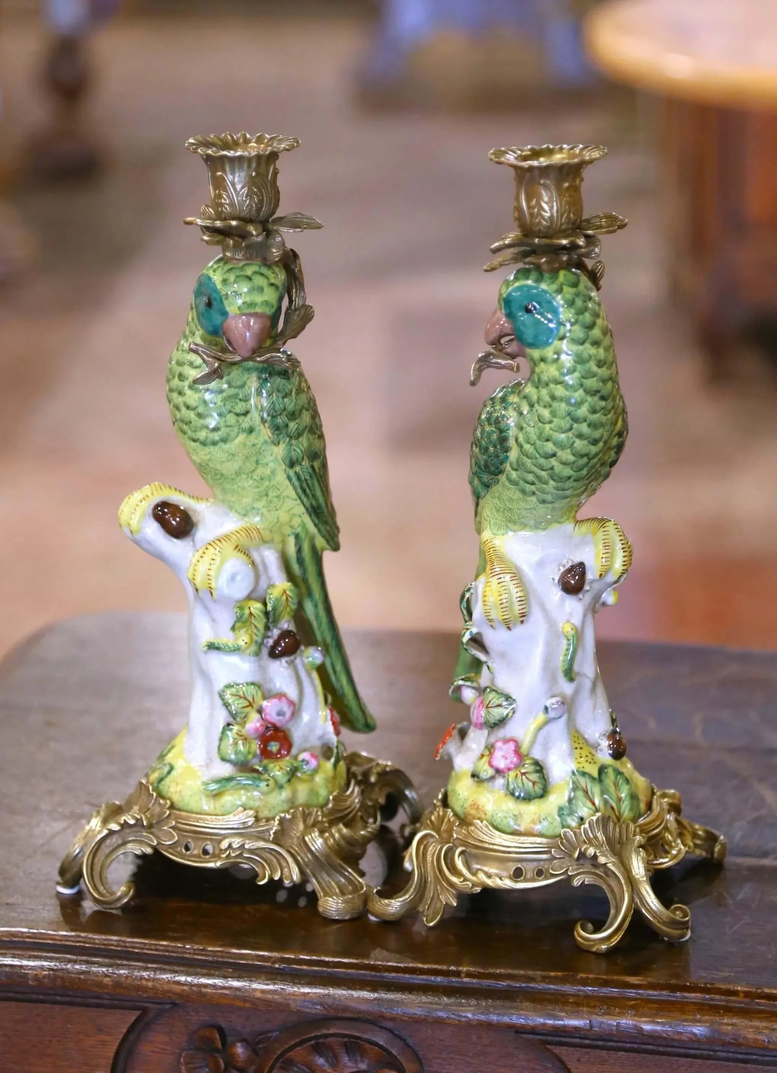 Mid-Century Chinese Export Porcelain Parrot Candlesticks on Gilt Bronze Bases - a Pair - 5