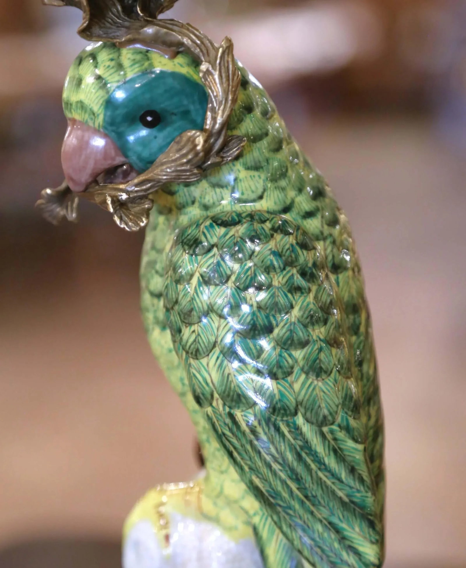 Mid-Century Chinese Export Porcelain Parrot Candlesticks on Gilt Bronze Bases - a Pair - 6