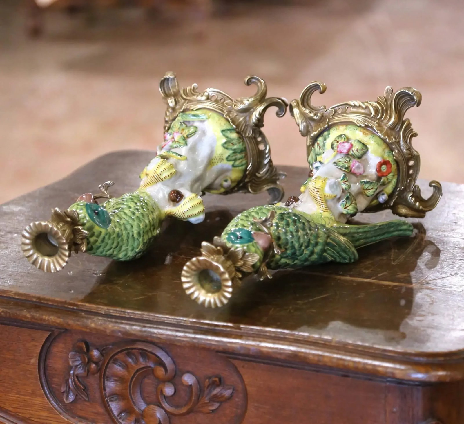 Mid-Century Chinese Export Porcelain Parrot Candlesticks on Gilt Bronze Bases - a Pair - 9