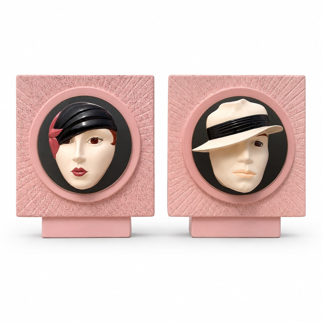 Vintage 1980s His and Hers Box Vases - a Pair: Incredibly unique pair of 1980s vintage pastel box vases. These particular vases have a male and female three-dimensional face straight out of a Miami retro movie with a mirror background. Made of cer