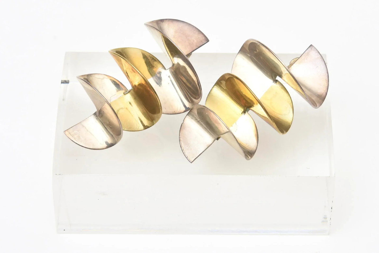 Vintage 2 Tone Brass and Silver Pierced Zig Zag Sculptural Dangle Earrings Pair Of - 2