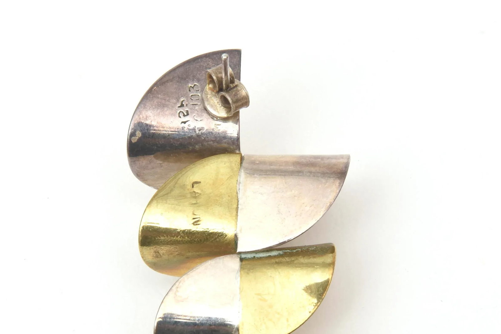 Vintage 2 Tone Brass and Silver Pierced Zig Zag Sculptural Dangle Earrings Pair Of - 4