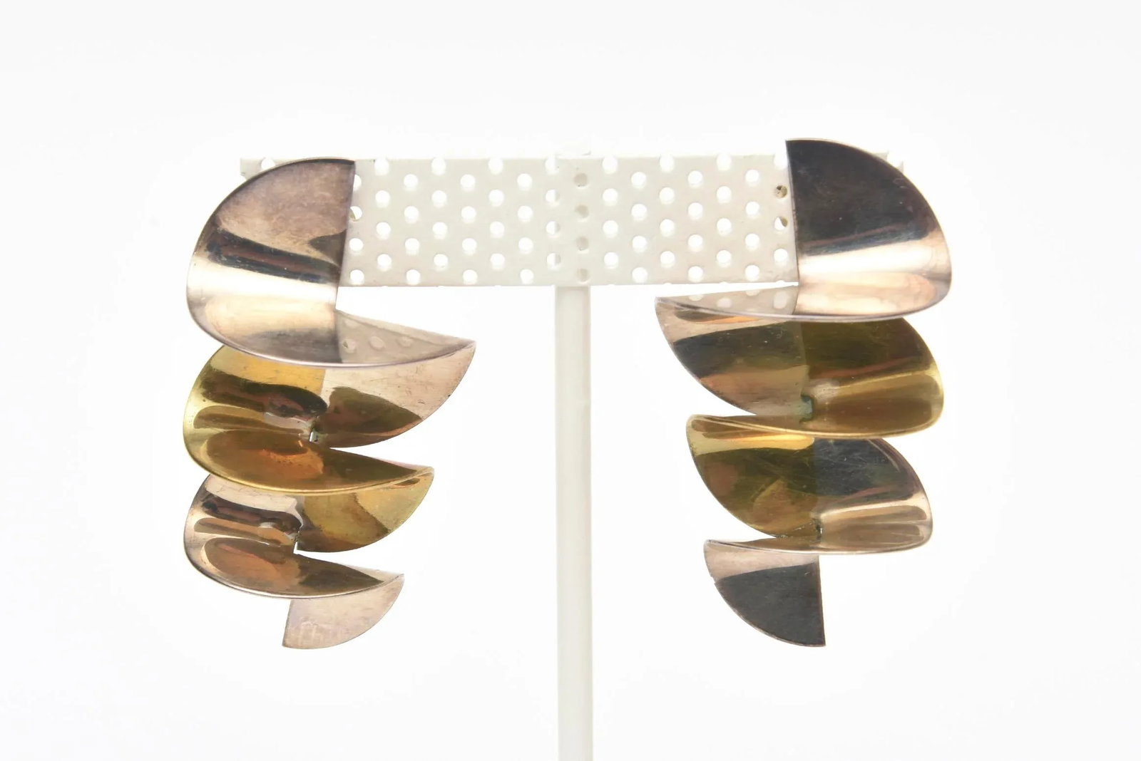 Vintage 2 Tone Brass and Silver Pierced Zig Zag Sculptural Dangle Earrings Pair Of - 5