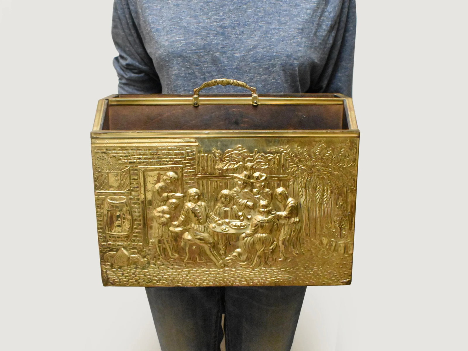 Vintage England Scene Embossed Brass and Wood Magazine Holder Rack by Lambard - 10