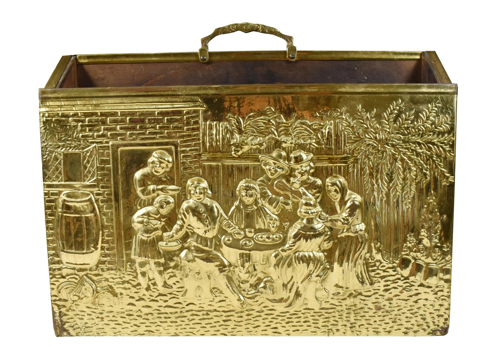 Vintage England Scene Embossed Brass and Wood Magazine Holder Rack by Lambard - 11