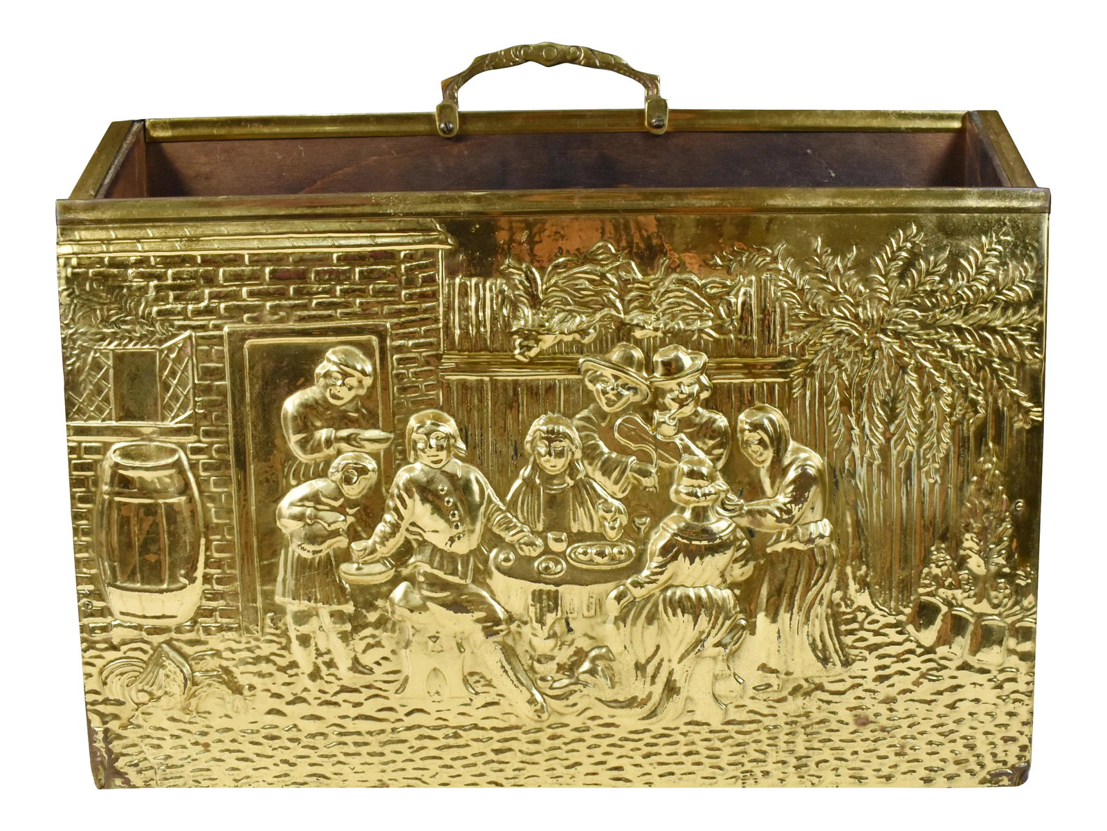 Vintage England Scene Embossed Brass and Wood Magazine Holder Rack by Lambard: Beautiful embossed hammered brass over wooden base with 2 raised wood feet represents outdoor gathering party scene. It has two slots to hold magazines and a brass handle for carrying. It is perfect