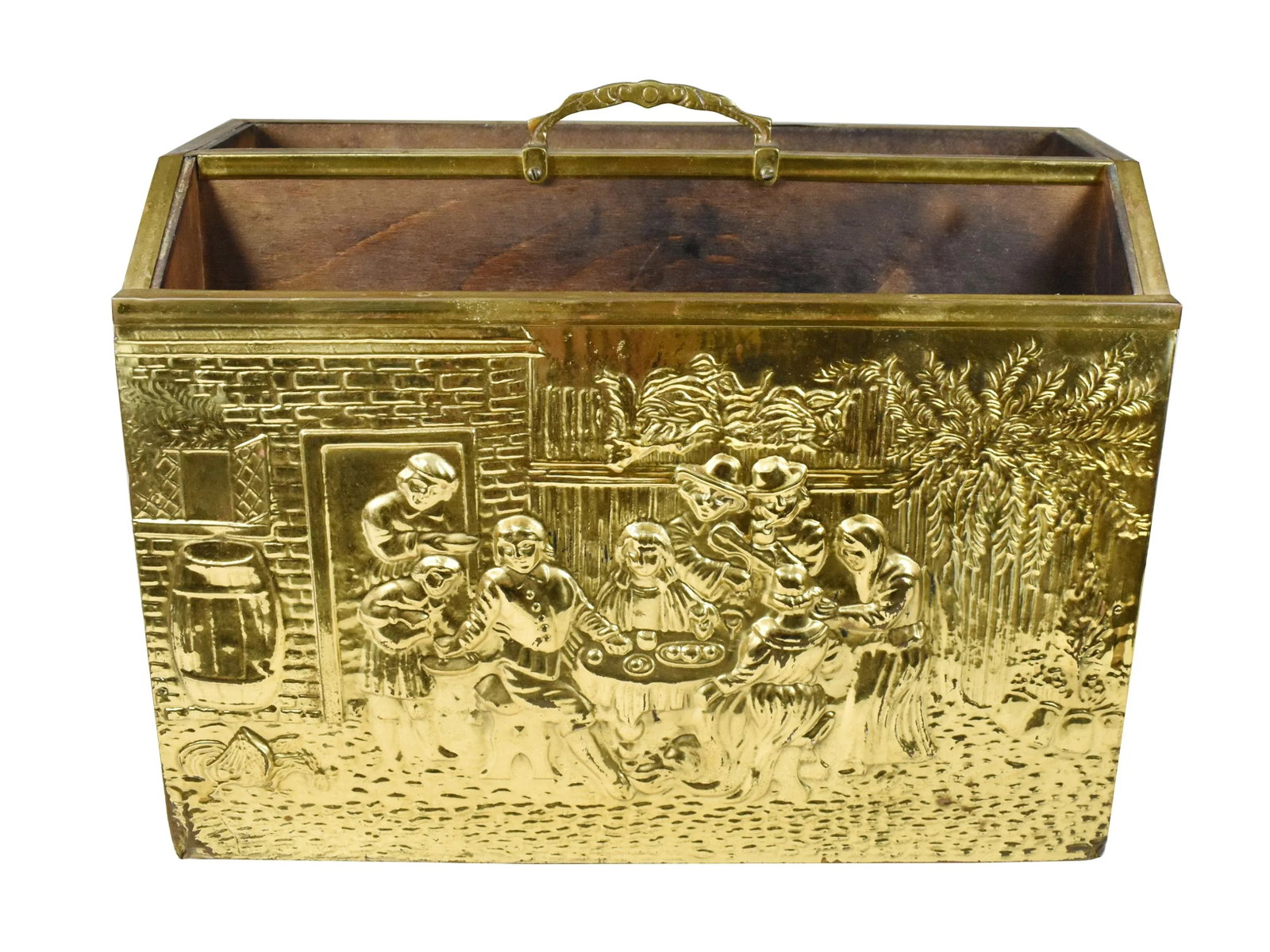 Vintage England Scene Embossed Brass and Wood Magazine Holder Rack by Lambard - 2