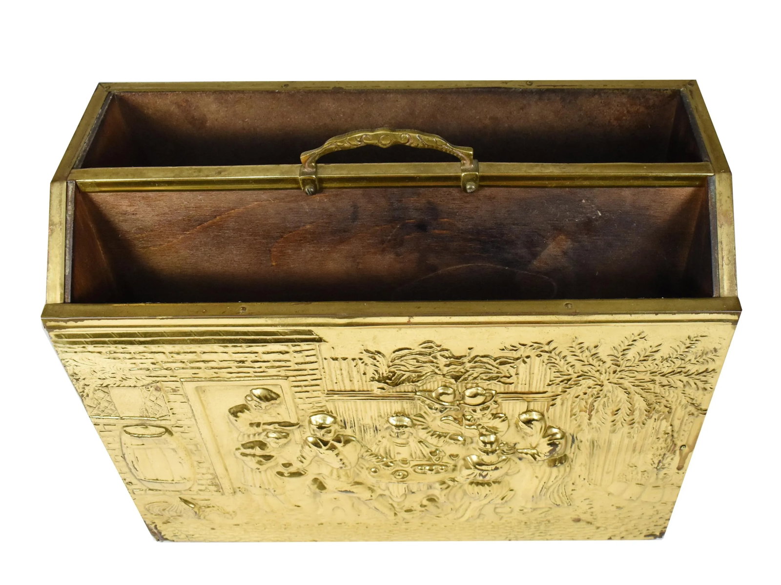 Vintage England Scene Embossed Brass and Wood Magazine Holder Rack by Lambard - 3