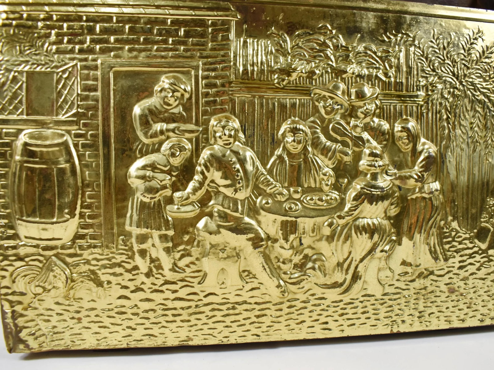 Vintage England Scene Embossed Brass and Wood Magazine Holder Rack by Lambard - 5